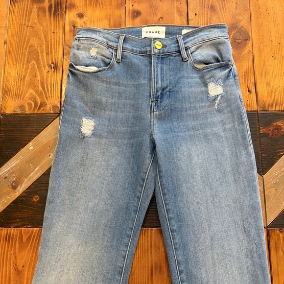 FRAME Le High Straight Jeans Light Wash Distressed Raw Hem Women 26 Crop Ankle - Picture 2 of 7